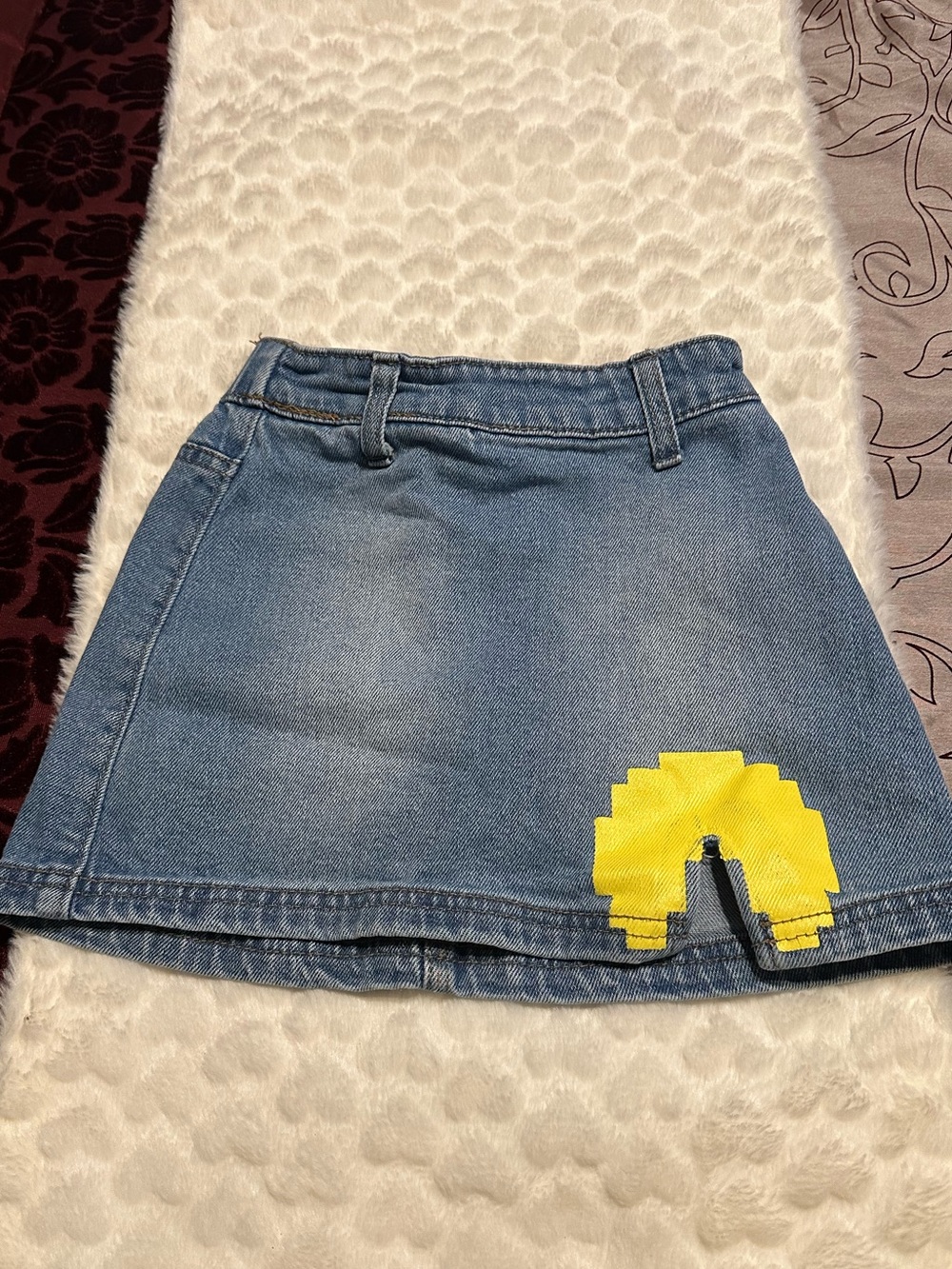Justice Blue Denim Skirt with Yellow Pac Man Design Patch
